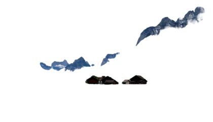 Houses nestled beneath abstract clouds against a stark black backdrop