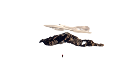 Aerodynamic design hovering above jagged rock formation. Red dot, black background