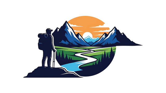 Illustration of a hiker overlooking a mountainous landscape, with a river flowing through a valley and a setting sun
