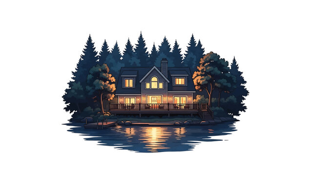 Illustration of a lakeside cabin surrounded by trees and a lake reflecting the lights of the house. Peaceful nighttime scene