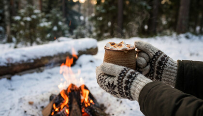 Person Hands in Wool Gloves Holding Hot Mug near Winter Campfire in Snowy Forest