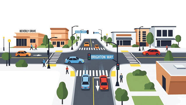 Illustration of a city intersection with buildings, cars, pedestrians, traffic lights and street signs. It shows different ways to travel around the city