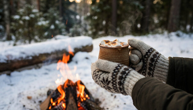 Person Hands in Wool Gloves Holding Hot Mug near Winter Campfire in Snowy Forest