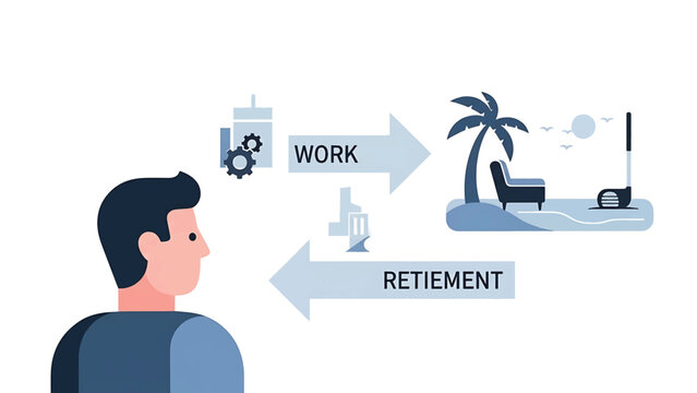 Illustration depicts work-to-retirement transition. A man faces arrows pointing from gears to a beach, showing work ending, relaxation starting