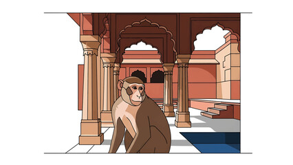 Illustration of a monkey inside an old red building. The monkey sits in the foreground with an old building in the background © pohon