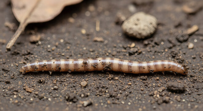 Close-up view of a segmented worm crawling on dark soil with a leaf and a small rock, illustrating a natural setting