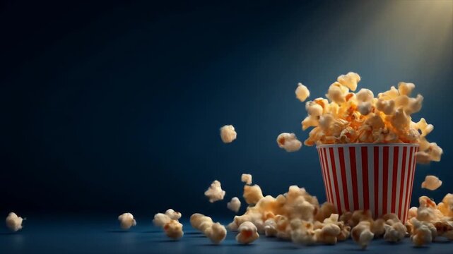 Popcorn overflowing from a striped container with dark blue background