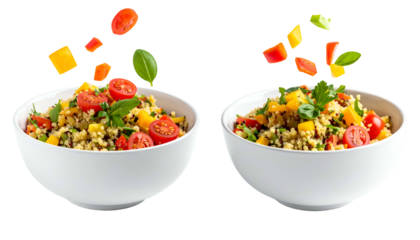 Two white bowls of quinoa salad with vegetables, pieces falling from above