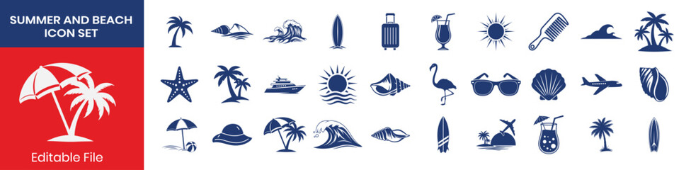 Summer Beach Vacation And Travel Solid Symbols Collection