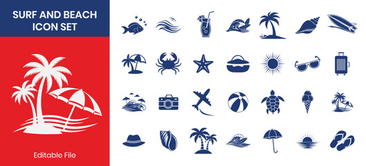 Surf Water Sports And Ocean Waves Solid Icons Bundle