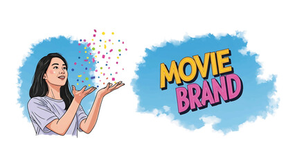 Illustration featuring a person celebrating with confetti, a stylized graphic, and text "MOVIE BRAND". The background includes stylized clouds