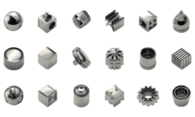 Set of 3D chrome mechanical parts: Silver gears, cubes, and abstract hardware isolated on white