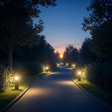 illuminated garden pathway winding through a peaceful park at twilight with modern lights guiding the tranquil journey towards the glowing sunset