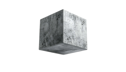 A simple, textured concrete cube floats on a completely black background