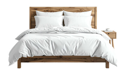 A minimalist wooden bed with white bedding, pillows, and a small nightstand