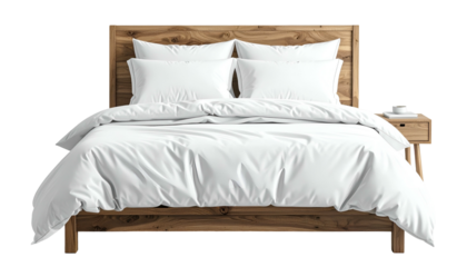 A minimalist wooden bed with white bedding, pillows, and a small nightstand