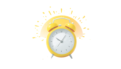 Yellow alarm clock with white face and silver hands isolated on a transparent background white clock face