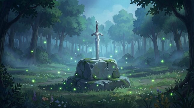 Sword in the Stone at Night &mdash; Moonlit Fantasy Game Background
