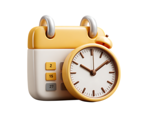 Yellow calendar with clock isolated on a transparent background white gray
