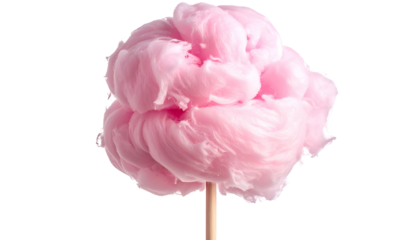 Fluffy pink spun sugar treat on a wooden stick, isolated against a transparent background