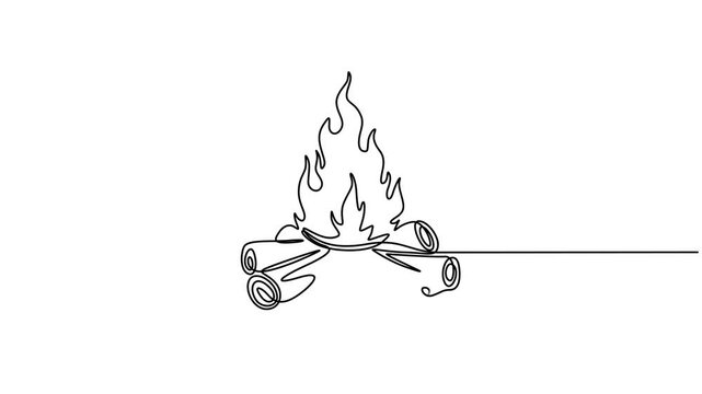 Bon fire continuous one line drawing animation video, Campfire Single Line Icon, Campfire Continuous Line Drawing with Editable Stroke and Copy Space