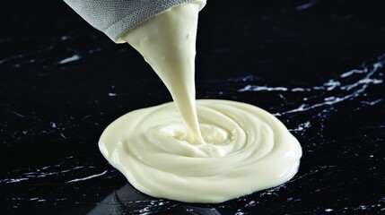 Piping bag cream creating smooth white swirl on black surface with motion capture showing culinary technique and professional studio lighting