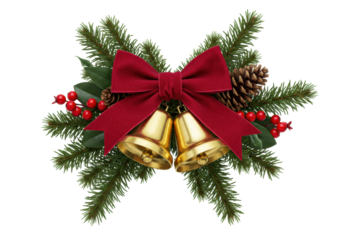 highly polished cluster of three golden christmas bells, crimson velvet bow, fir branches, and red holly berries, macro shot on transparent studio background, concept of opulent holiday tradition