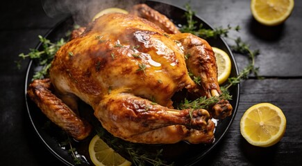 Delicious cooked turkey served on black table, top view with space for text. Thanksgiving Day celebration