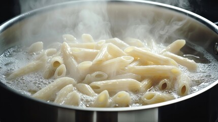 Pasta water steam natural movement patterns vigorous boiling large stainless pot penne pasta tumbling through churning bubbling water professional culinary kitchen environment lighting