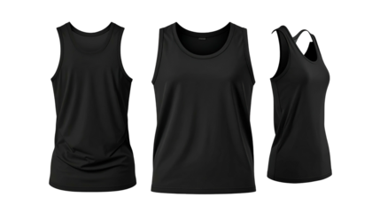 Three views front, center, and side; of a plain black athletic tank top on a dark background