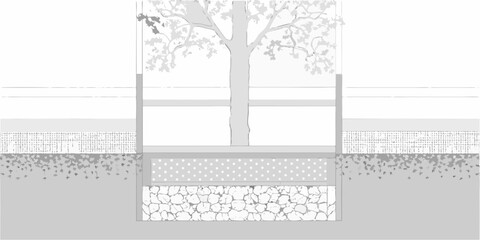 A grayscale illustration of a tree with layered ground and architectural elements © Bipul