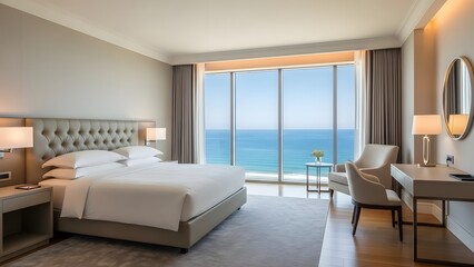 Luxurious contemporary hotel bedroom interior with large comfortable bed ocean view through panoramic floor to ceiling windows