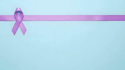 Purple ribbon tied on a light blue background symbolizing awareness and support for a cause
