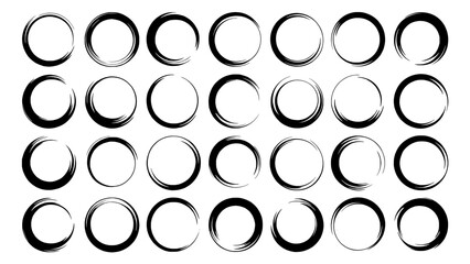 Abstract vector grid of circular brush strokes in black and gray, 25 hollow rings in a 5x5 pattern, minimalist geometric illustration for design
