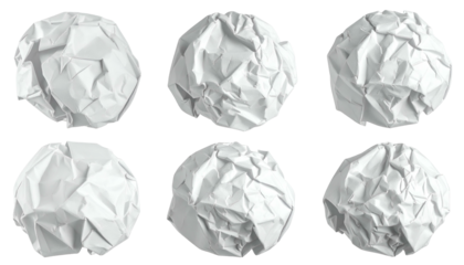 Six crumpled white paper balls with varied folds arranged in two rows