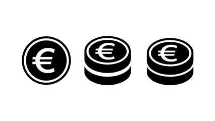 Euro coin icon set: single outlined coin, two-coin stack, and three-coin stack in black on white, minimalist flat vector design with euro symbol