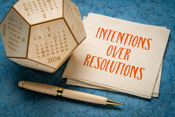 Intentions over resolotions - New Year goal setting concept, note on a napkin with a calendar.