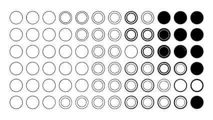 Vector grid of hollow circles gradually turning into solid black discs in a minimalist circular icon pattern, geometric UI design elements