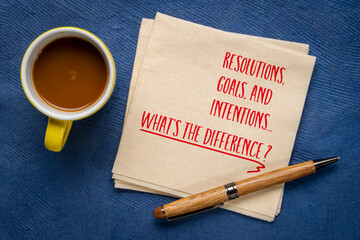 Resolution, goals and intentions. WHat the difference? Goal setting concept. Note on a napkin with coffee.