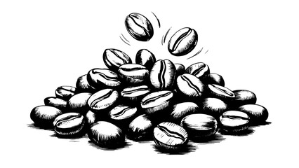 Hand-drawn pile of coffee beans in an ink sketch, scatter of beans mid-air, monochrome vector illustration for coffee branding, cafe menu design