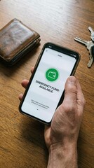 emergency cash assistance concept. Mobile phone displaying emergency fund alert on a wooden surface.