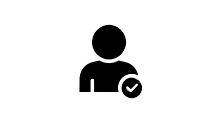 Black user silhouette icon with a small verification check badge on the bottom right, minimalist vector symbol for user accounts and authentication UI