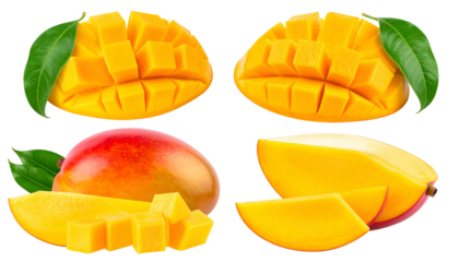 Four arrangements of mango fruit, diced and whole, with leaves, on a transparent backdrop