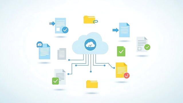 Blue cloud with connected documents and folders in a network - Powered by Adobe