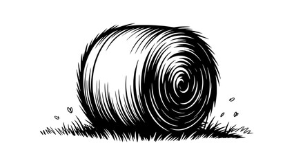 Black and white vector illustration of a round hay bale on grassy ground, detailed line art with rustic farmyard mood and shadows in an outdoor field