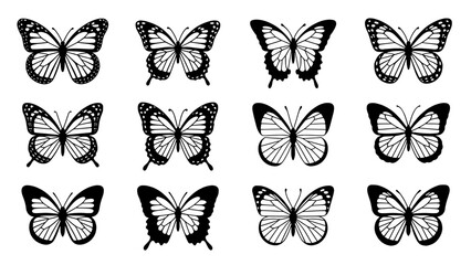 Collection of black butterfly silhouette icons in three rows, featuring varying wing patterns for clean vector design and graphic projects