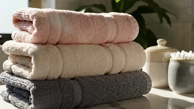 Elegant Still Life Featuring Neatly Stacked Towels In A Modern Bathroom Setting At Home