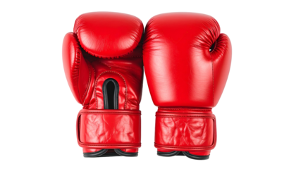 Vivid red boxing gloves, set against a black backdrop, showcasing details of leather and stitching