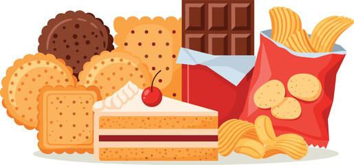 Cartoon junk food collection with cookies, cake, chips, and chocolate, ideal for snack, diet, and nutrition themes