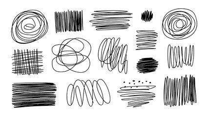 Abstract collection of hand-drawn scribble patterns and line doodles in black on white including spirals loops crosshatch grids and sketch textures